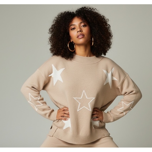emma’s expressions Sweaters - Cozy Tan/Beige Star Print Oversized Knit Sweater
